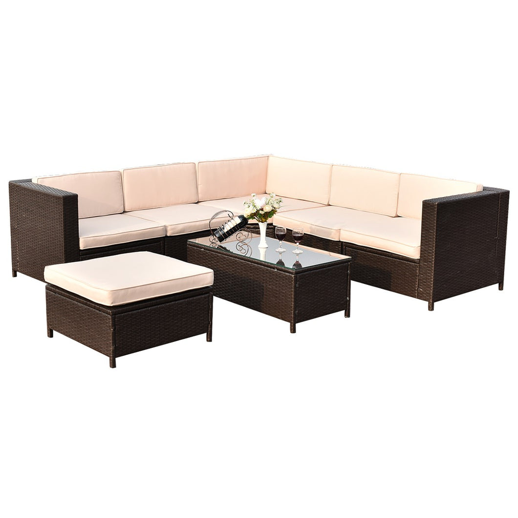 7 pcs Outdoor Rattan Wicker Furniture Set with Rectangle Coffee Table