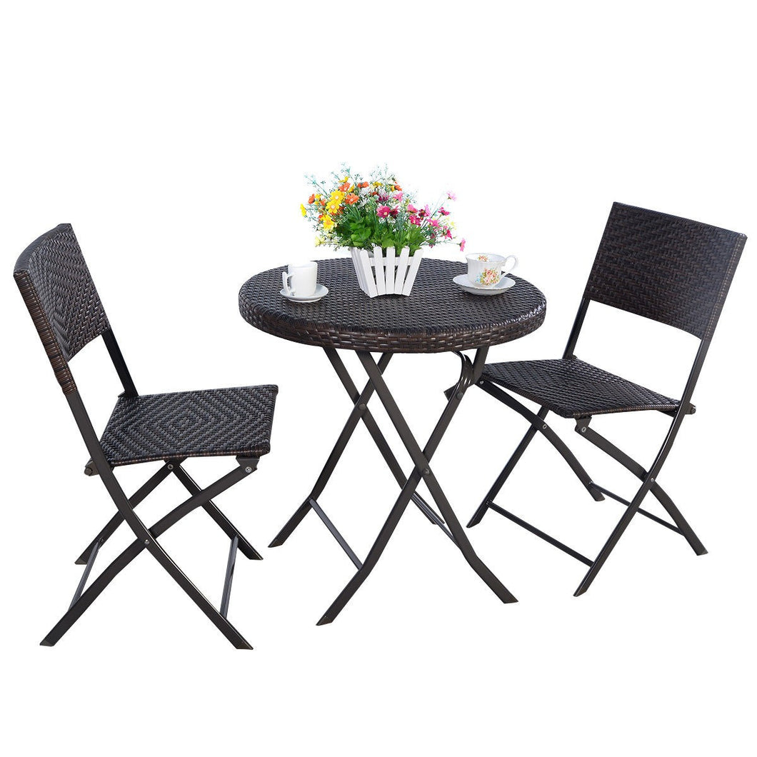 3PC Folding Round Table & Chair Bistro Set Rattan Wicker Outdoor Furniture